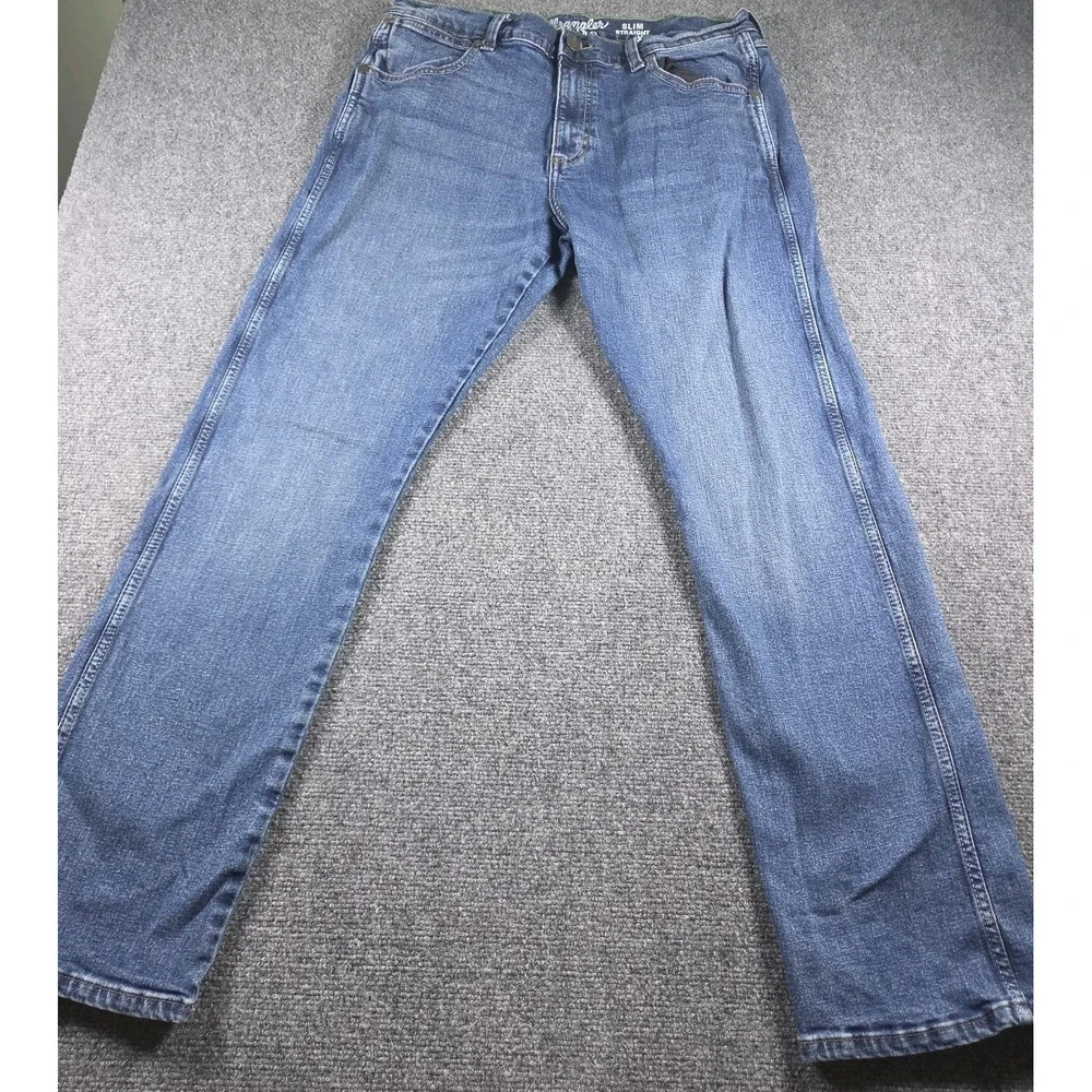 Wrangler Retro Jeans Mens 34x32 Blue Slim Straight Light Wash Stretch Denim